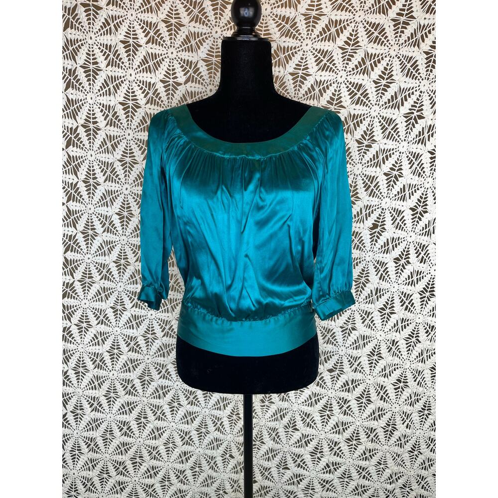 Guess Authentic Brand Green Teal Silk Short Sleeve Blouse